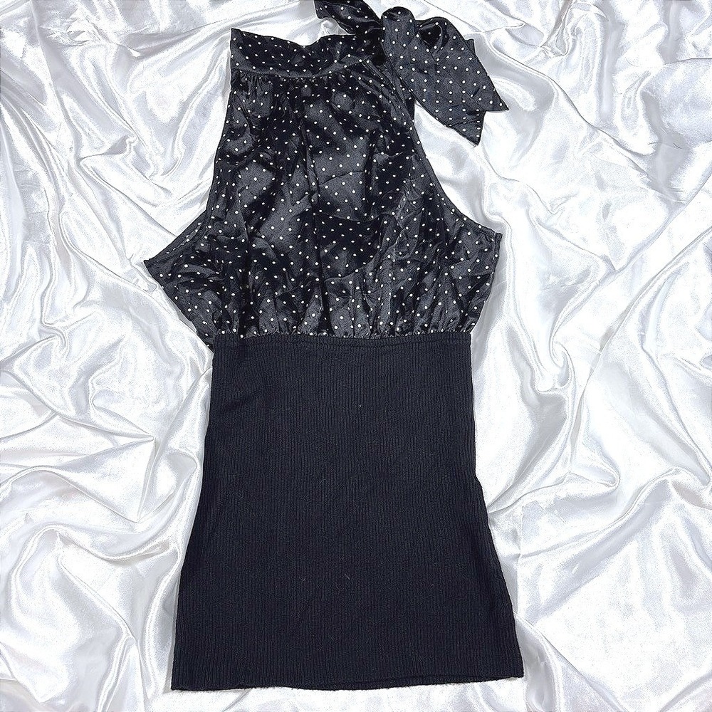 y2k Guess Halter Top Black Polka Dot Satin Ribbed Knit Bow L L/G